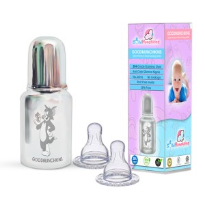 Goodmunchkins Stainless Steel Feeding Bottle 304 Grade Steel with 2 extra Anti Colic Silicone Nipples 150ml 