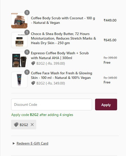 Buy 2 products and Get 2 products free on mCaffeine website