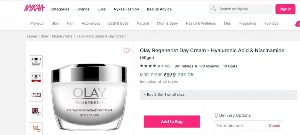 Olay Regenerist Day Cream - Hyaluronic Acid & Niacinamide  Mrp : 979/- ( Amazon 1,079/- )