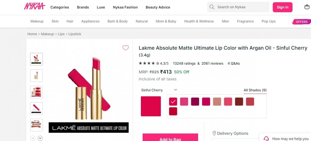 Lakme Absolute Matte Ultimate Lip Color with Argan Oil - Sinful Cherry  Mrp : 413/- ( Amazon 623/- )