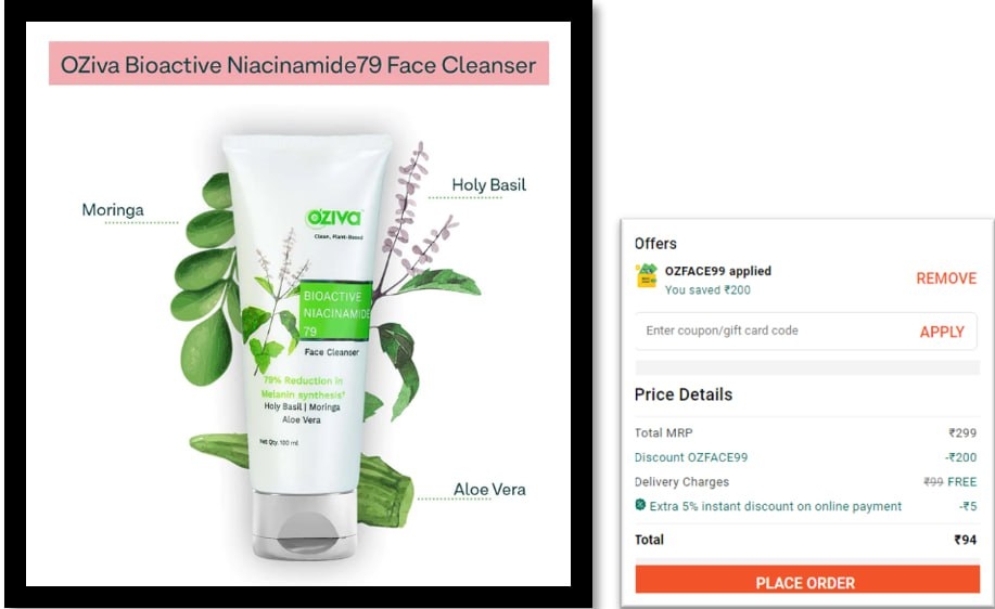 Bioactive Niacinamide79 Face Cleanser - 100 ml @ 299 94/-   Code :- OZFACE99
