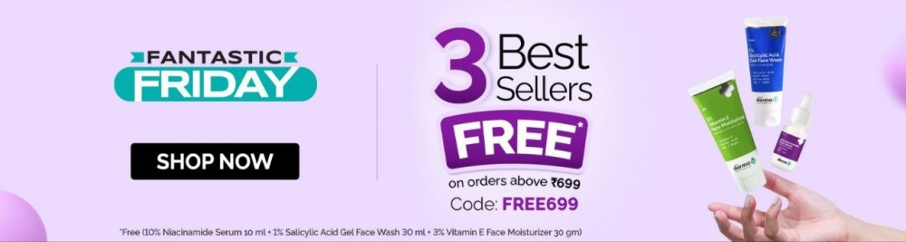 3 Best Sellers FREE (10% Niacinamide Serum 10gm + 1% Salicylic Acid Gel Face Wash 30ml+ 3% Vitamin E Face Moisturizer ) on Order Above 699